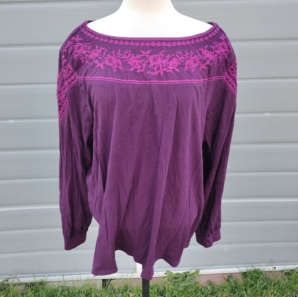 J.Jill 3X Embroidered Mixed-Media Top Blouse Long Sleeve
